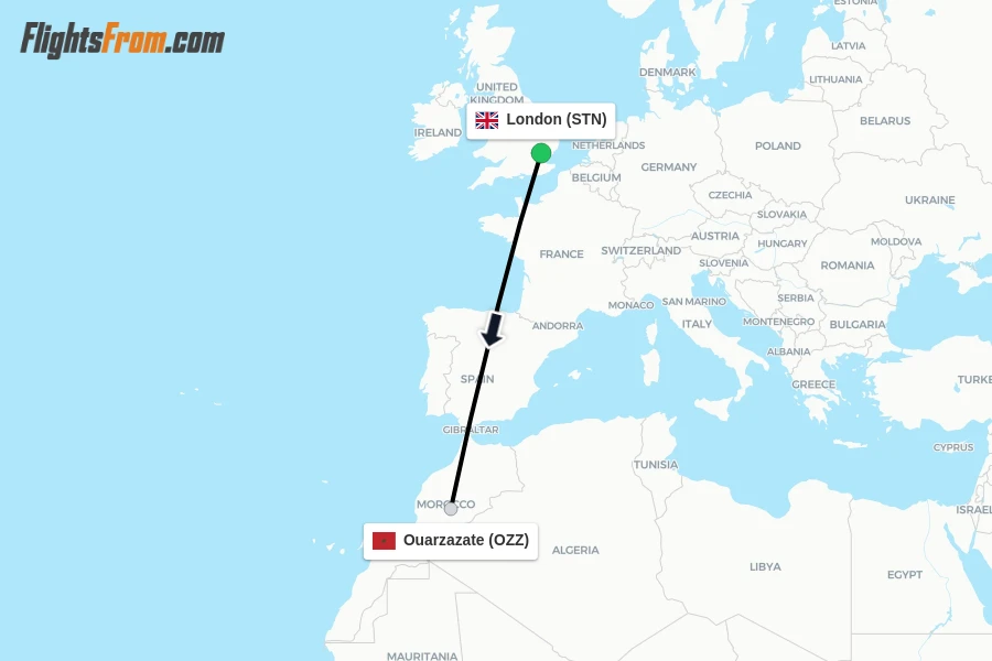 Flights from London to Ouarzazate route map