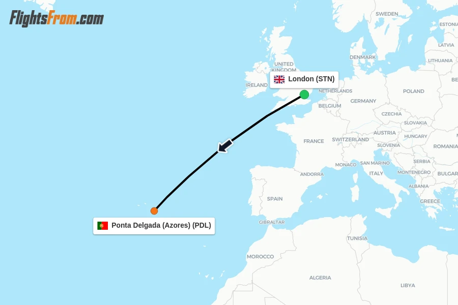 Flights from London to Ponta Delgada (Azores) route map