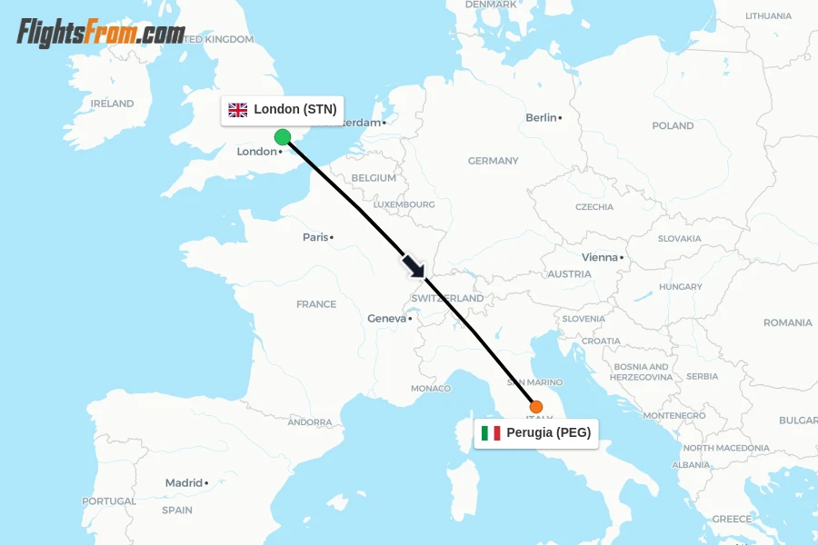Flights from London to Perugia route map