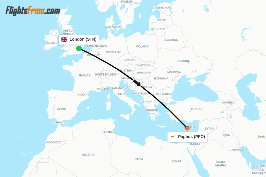 Flights from London to Paphos route map