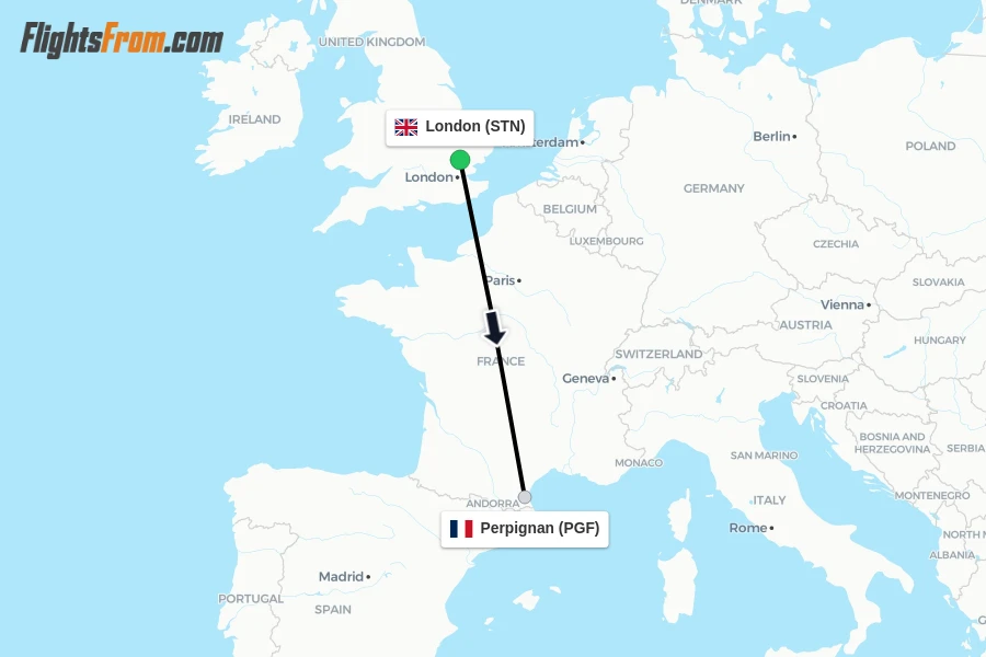 Flights from London to Perpignan route map