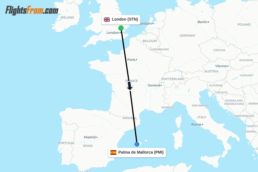 Flights from London to Palma de Mallorca route map