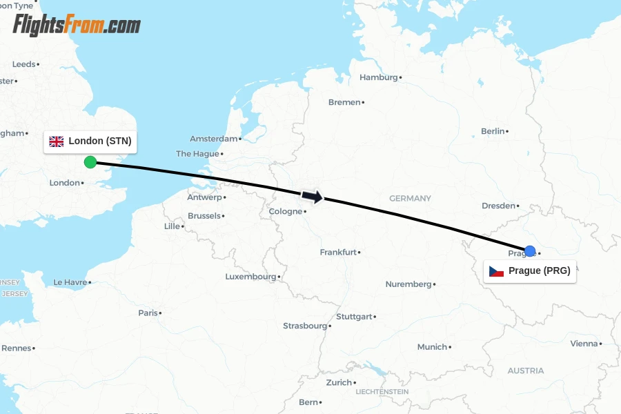 Flights from London to Prague route map