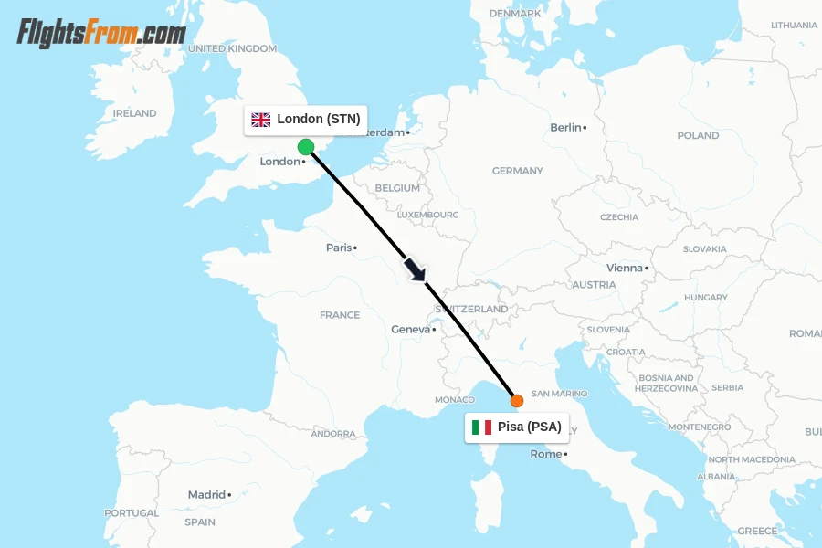 Flights from London to Pisa route map