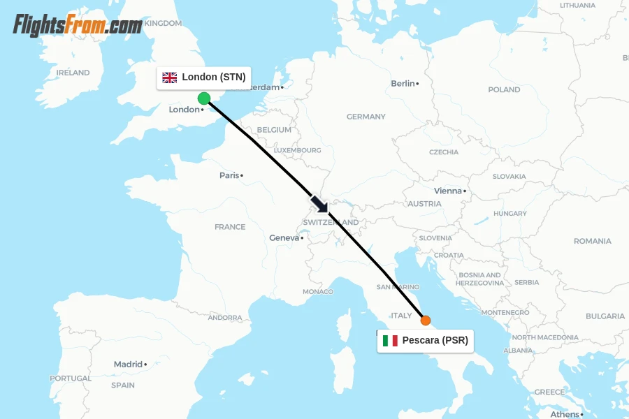 Flights from London to Pescara route map