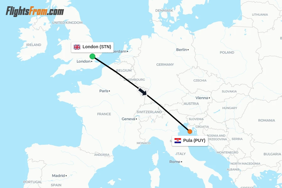 Flights from London to Pula route map