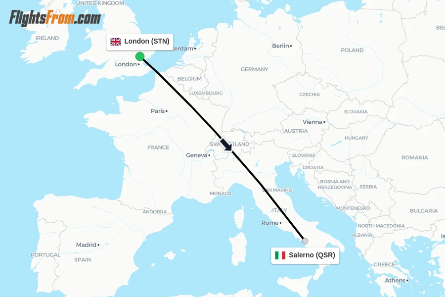 Flights from London to Salerno route map
