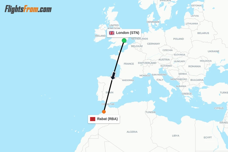 Flights from London to Rabat route map
