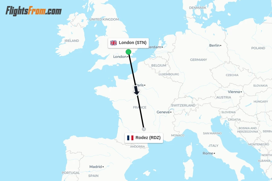 Flights from London to Rodez route map