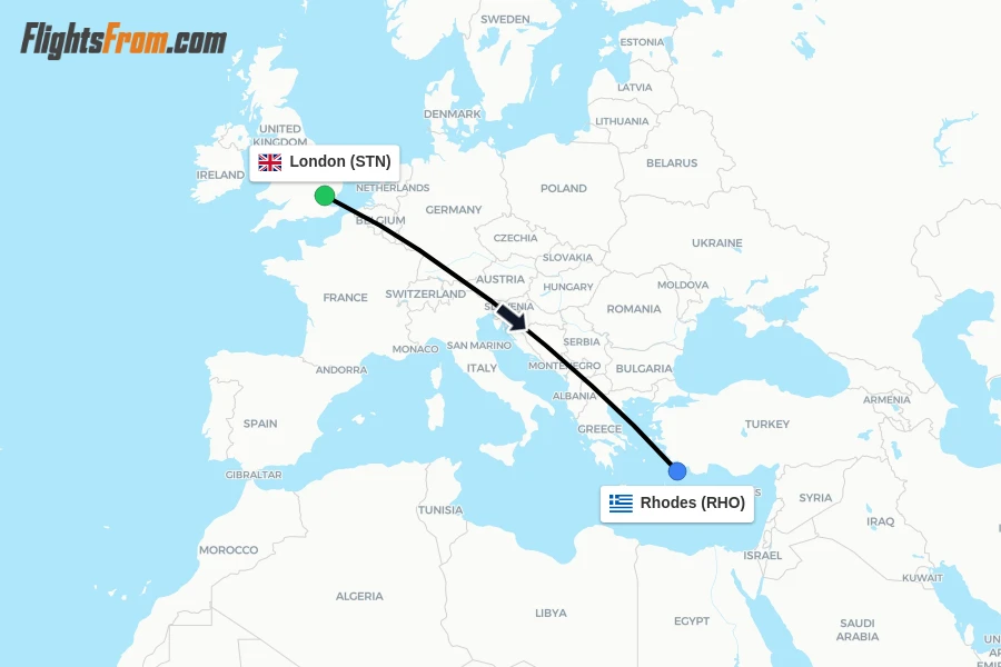 Flights from London to Rhodes route map