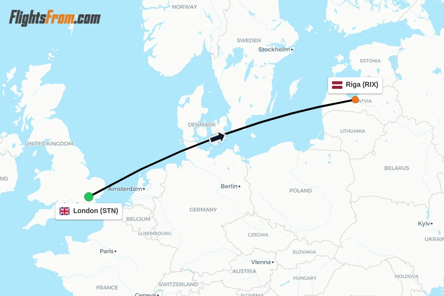 Flights from London to Riga route map