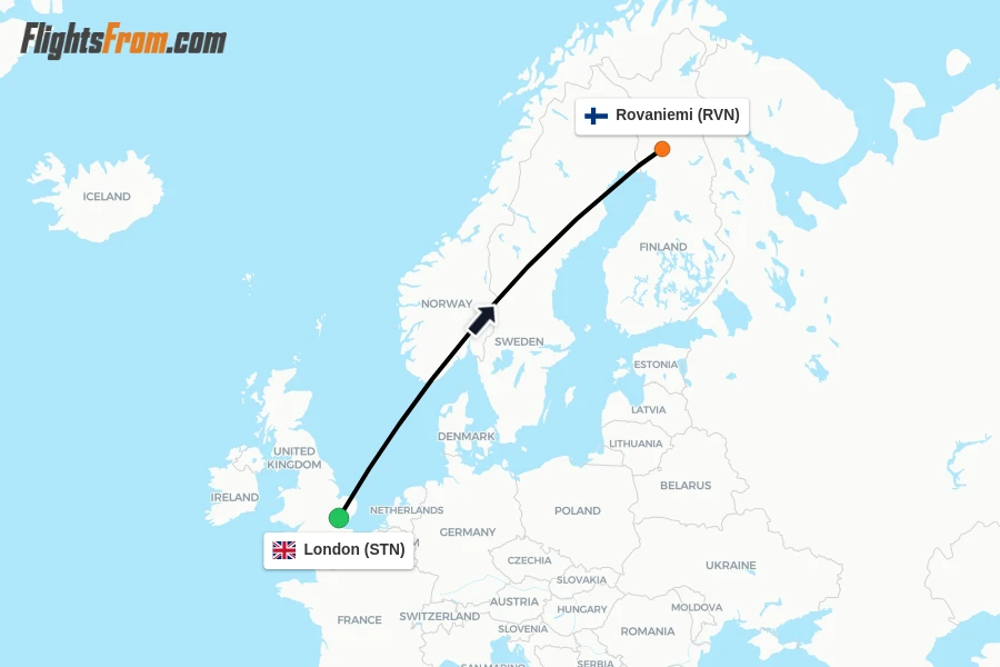 Flights from London to Rovaniemi route map