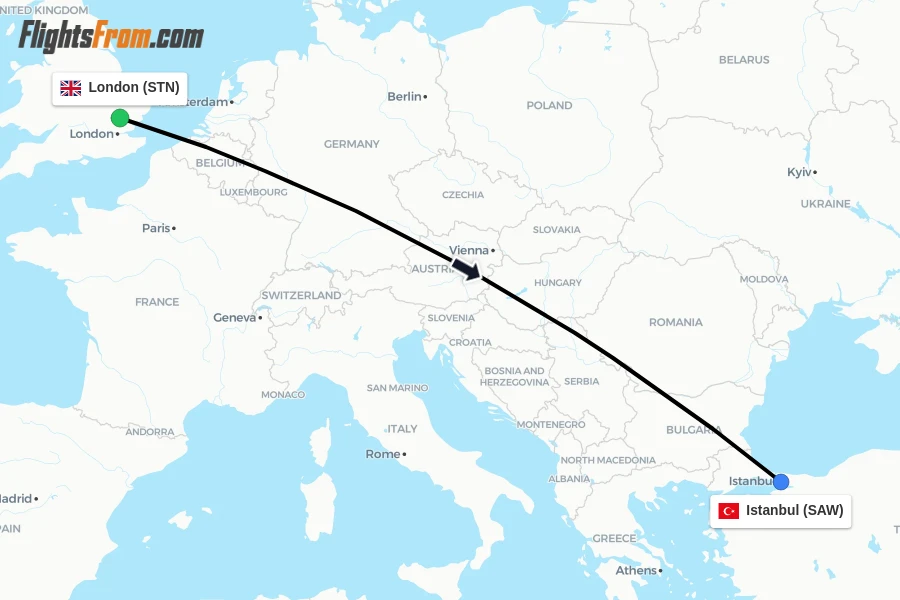 Flights from London to Istanbul route map