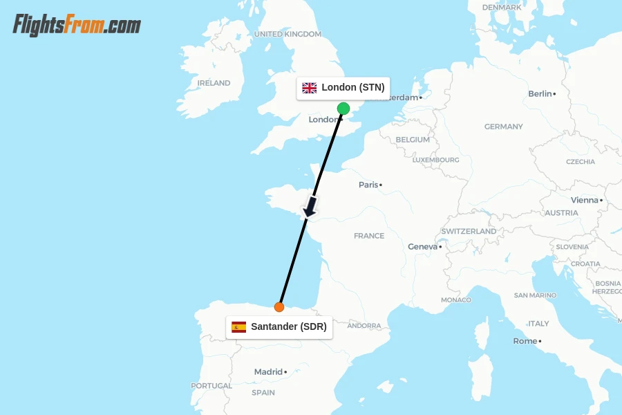 Flights from London to Santander route map