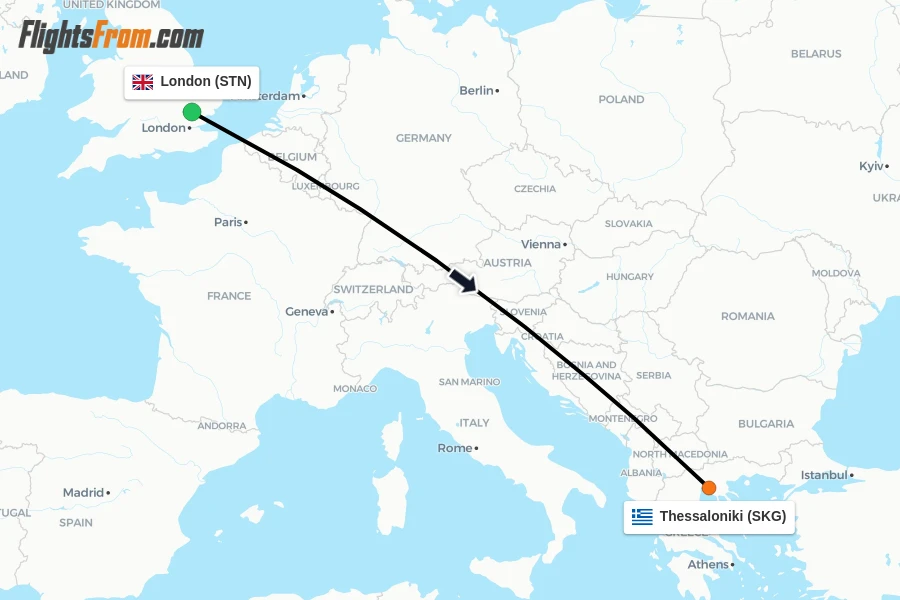 Flights from London to Thessaloniki route map