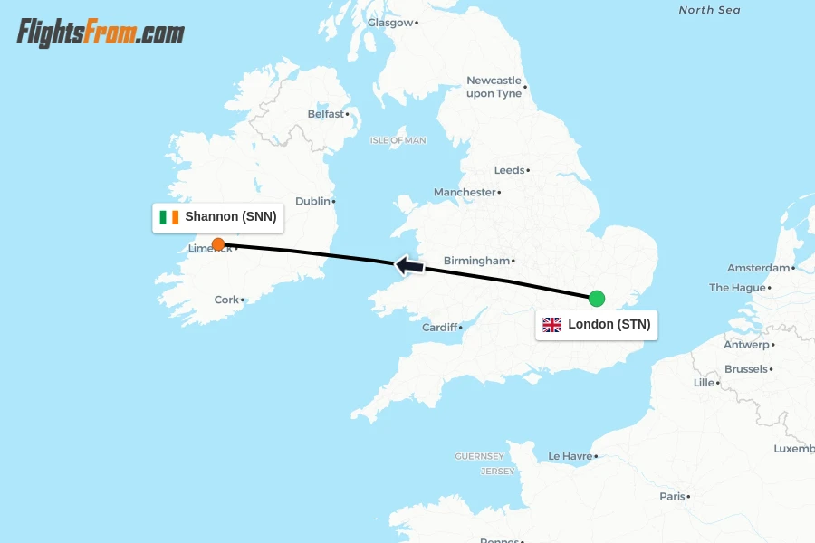 Flights from London to Shannon route map