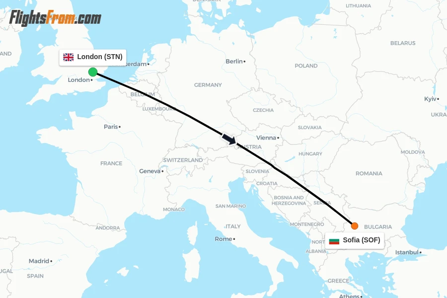 Flights from London to Sofia route map