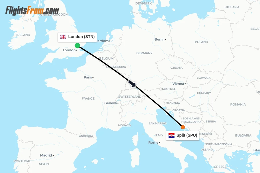 Flights from London to Split route map