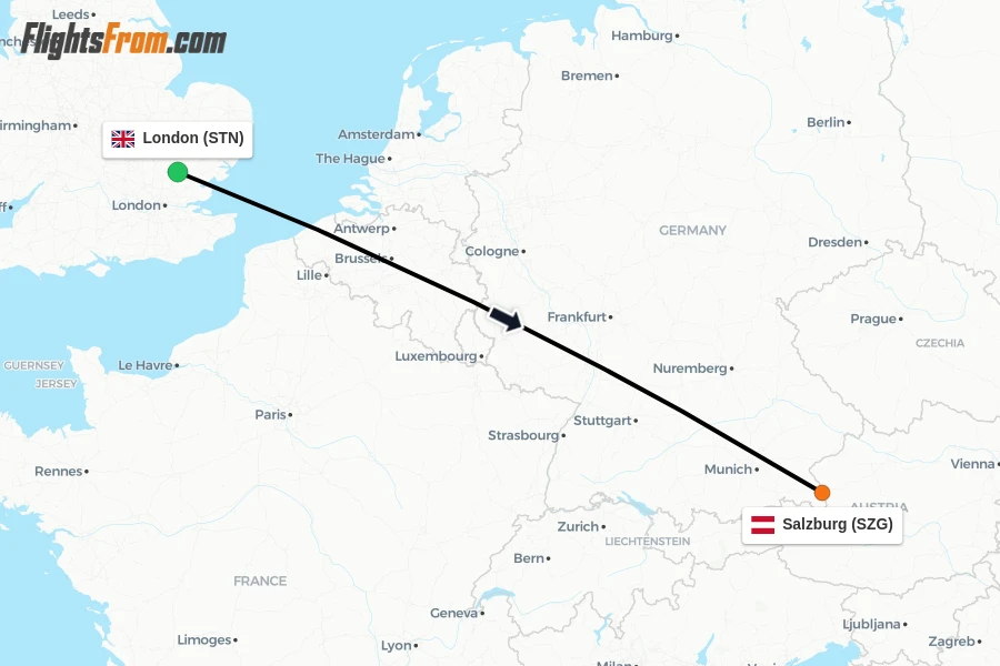 Flights from London to Salzburg route map