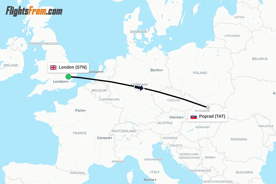 Flights from London to Poprad route map
