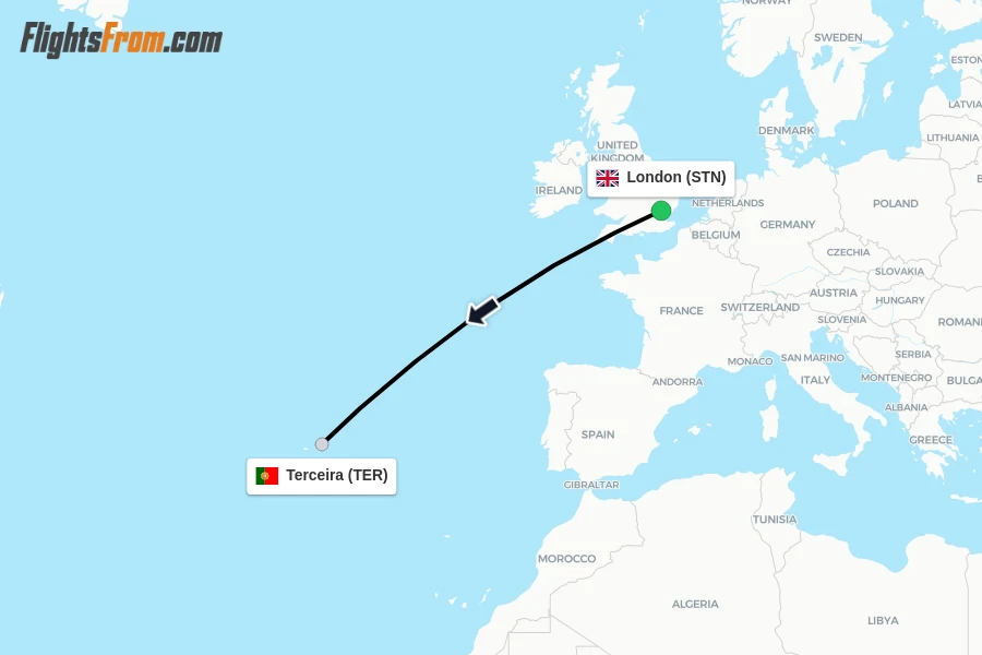 Flights from London to Terceira route map