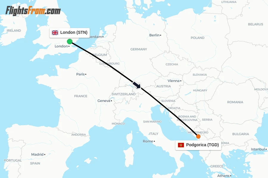 Flights from London to Podgorica route map