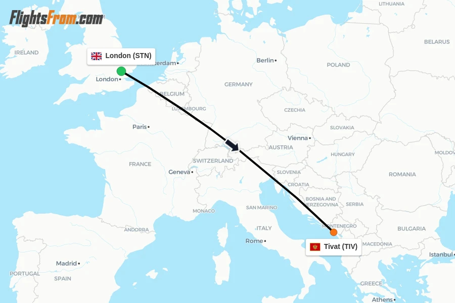 Flights from London to Tivat route map