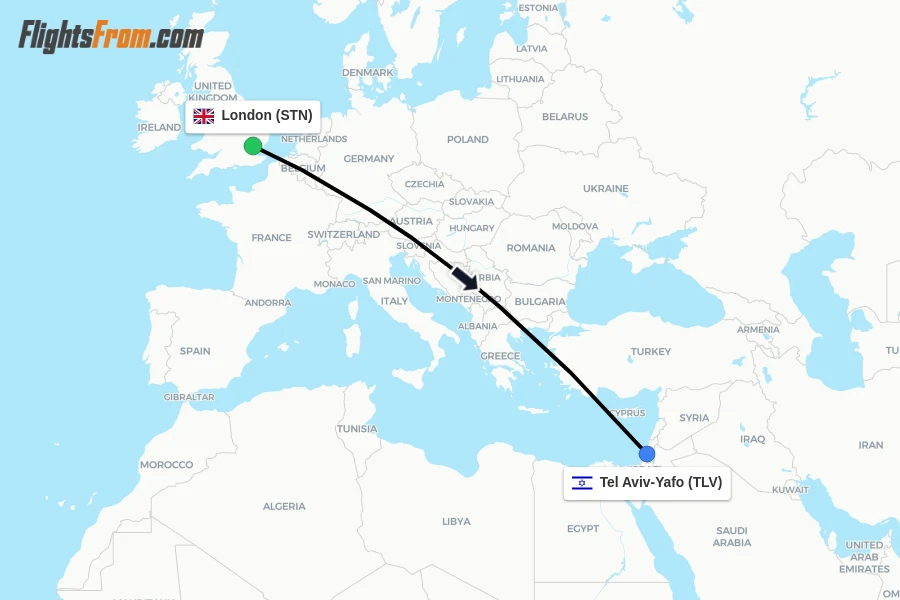 Flights from London to Tel Aviv-Yafo route map