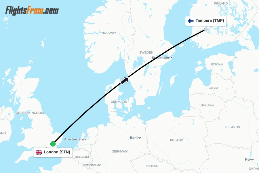 Flights from London to Tampere route map
