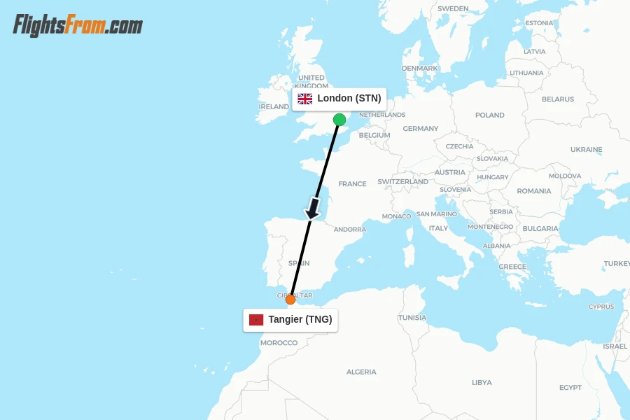 Flights from London to Tangier route map