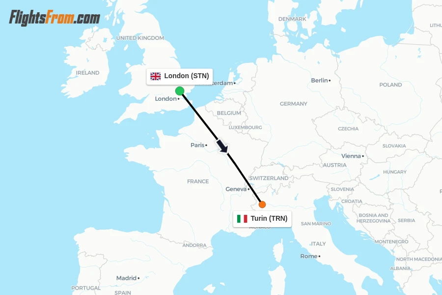 Flights from London to Turin route map