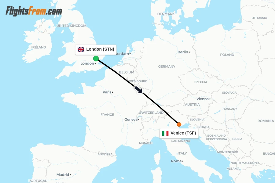 Flights from London to Venice route map