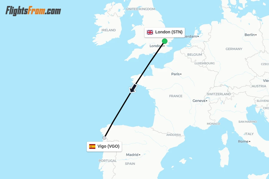 Flights from London to Vigo route map