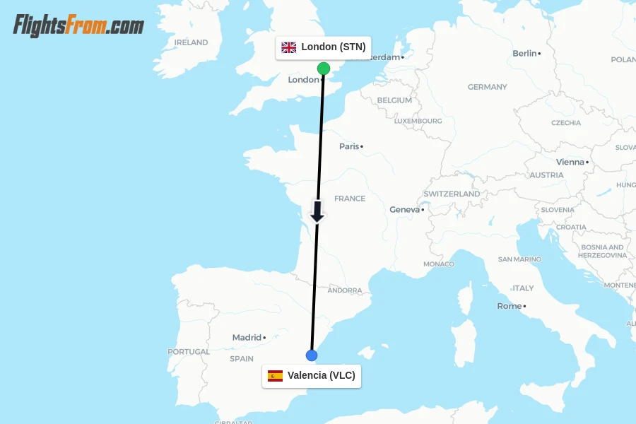 Flights from London to Valencia route map