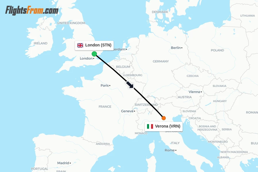 Flights from London to Verona route map