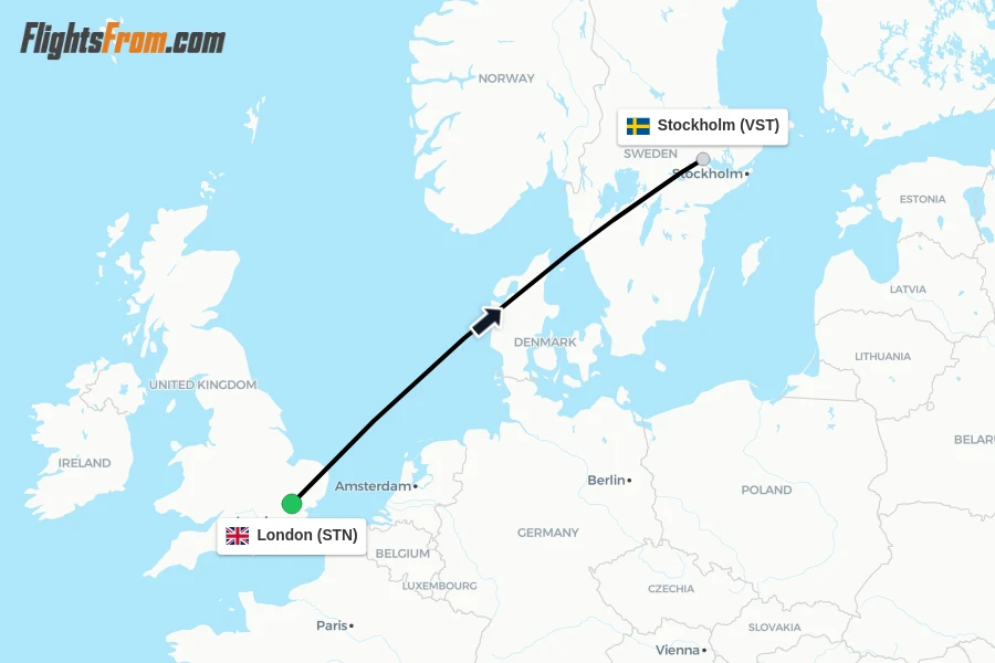 Flights from London to Stockholm route map