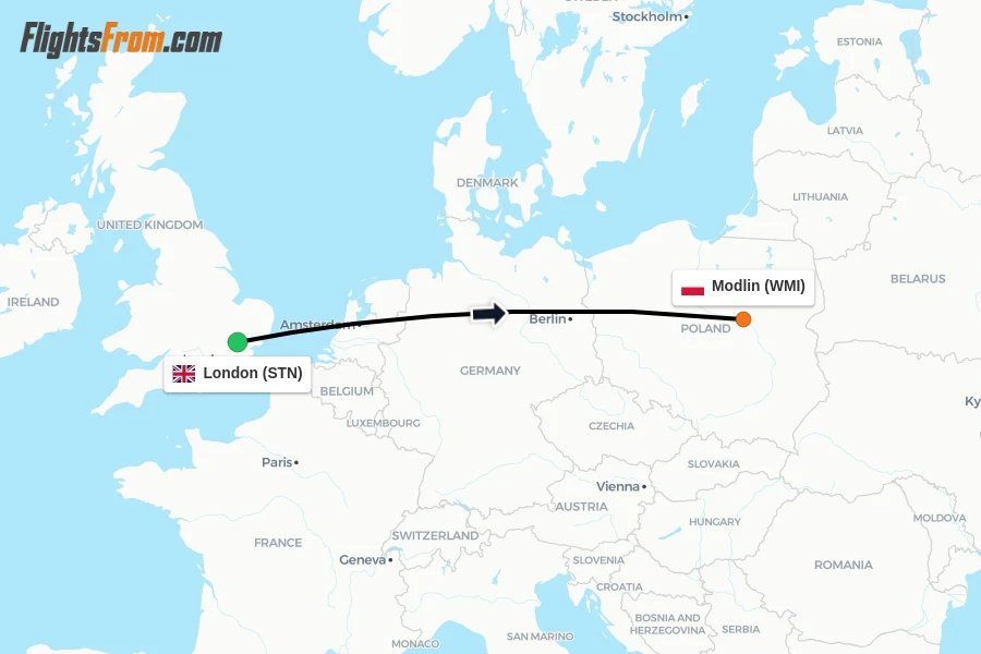 Flights from London to Modlin route map