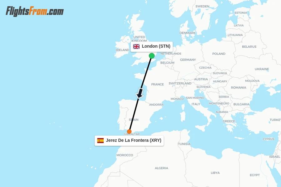 Flights from London to Jerez De La Frontera route map