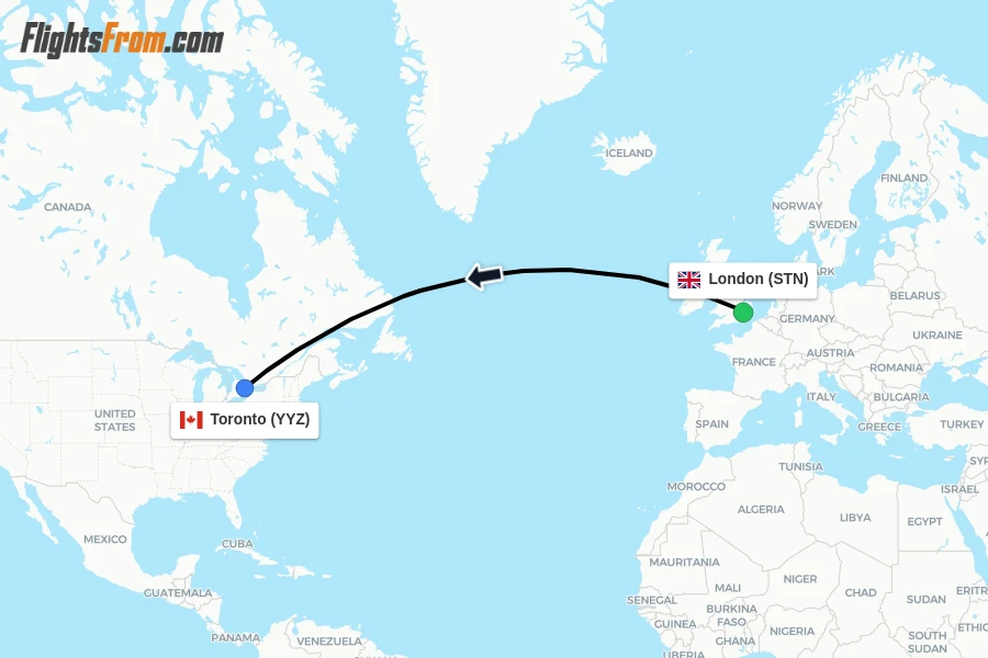 Flights from London to Toronto route map