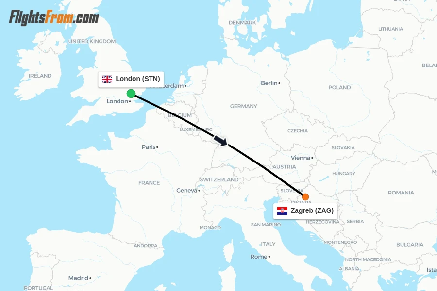 Flights from London to Zagreb route map