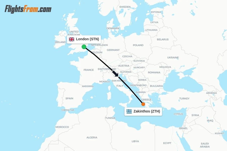Flights from London to Zakinthos route map