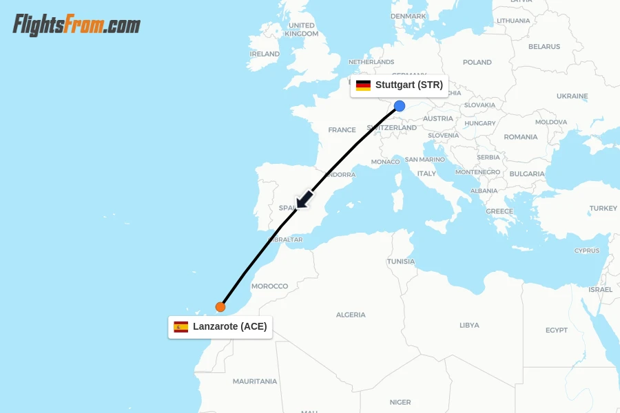 Flights from Stuttgart to Lanzarote route map
