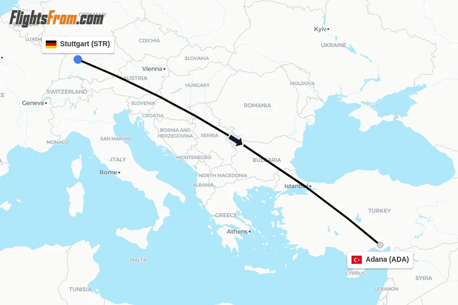 Flights from Stuttgart to Adana route map