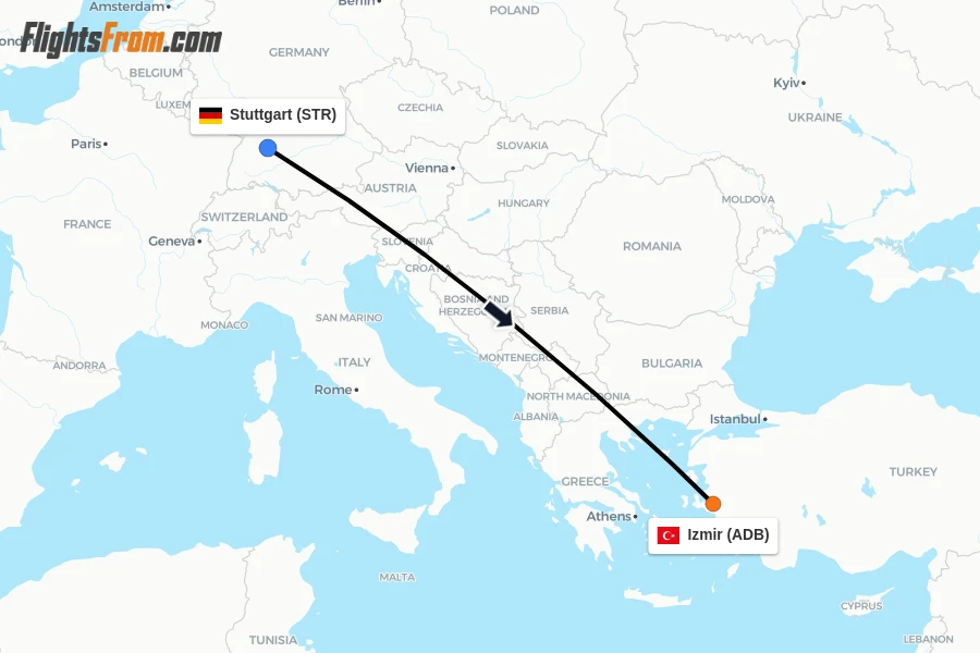 Flights from Stuttgart to Izmir route map