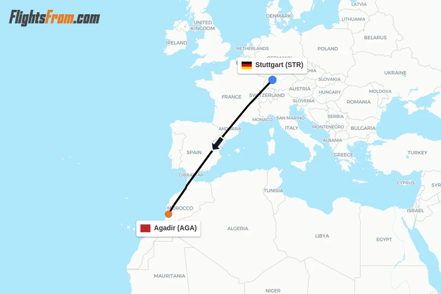 Flights from Stuttgart to Agadir route map