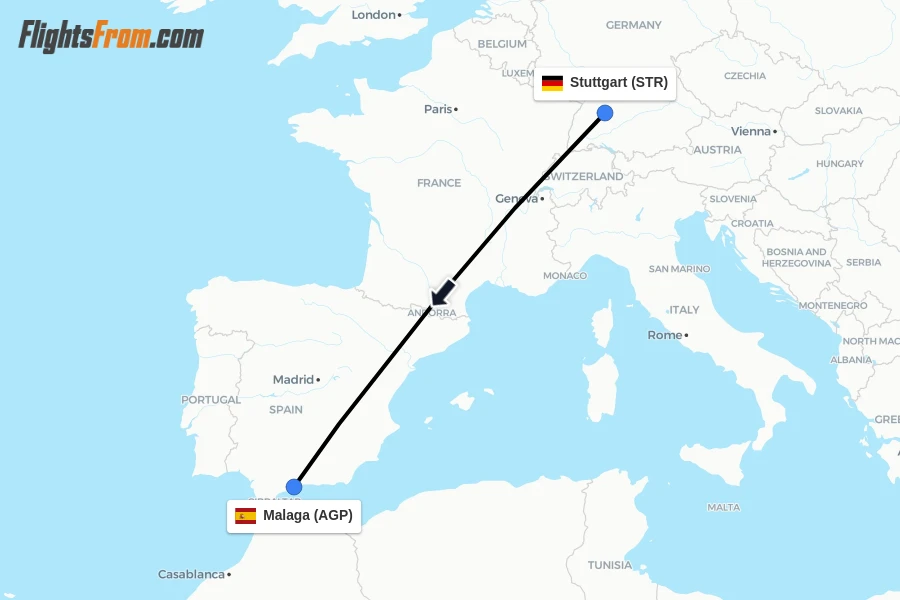 Flights from Stuttgart to Malaga route map