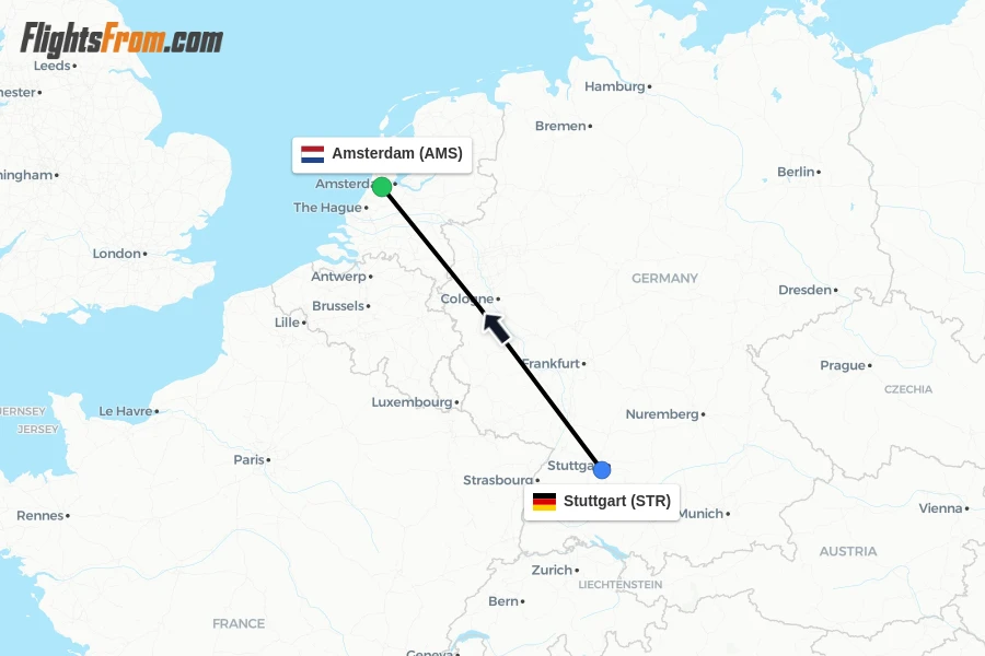 Flights from Stuttgart to Amsterdam route map