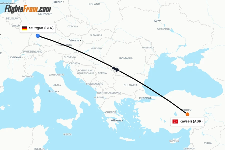 Flights from Stuttgart to Kayseri route map