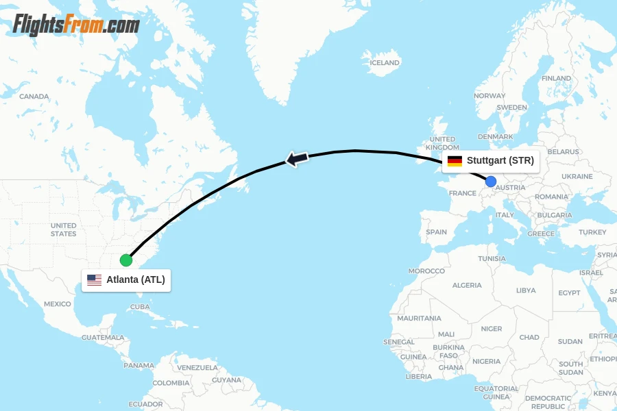 Flights from Stuttgart to Atlanta route map