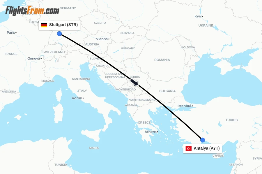 Flights from Stuttgart to Antalya route map